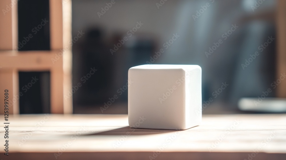 Minimalist white cube on a wooden table with soft sunlight Minimalist white cube on a wooden table with soft sunlight