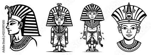 egyptian pharaohs vector illustration set in black and white, ancient rulers and historical symbols