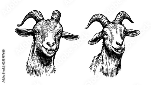 goat head vector portraits in realistic black and white engraving style, farm animal illustrations