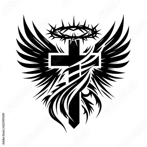 cross with wings and crown of thorns vector in black and white, religious gothic illustration