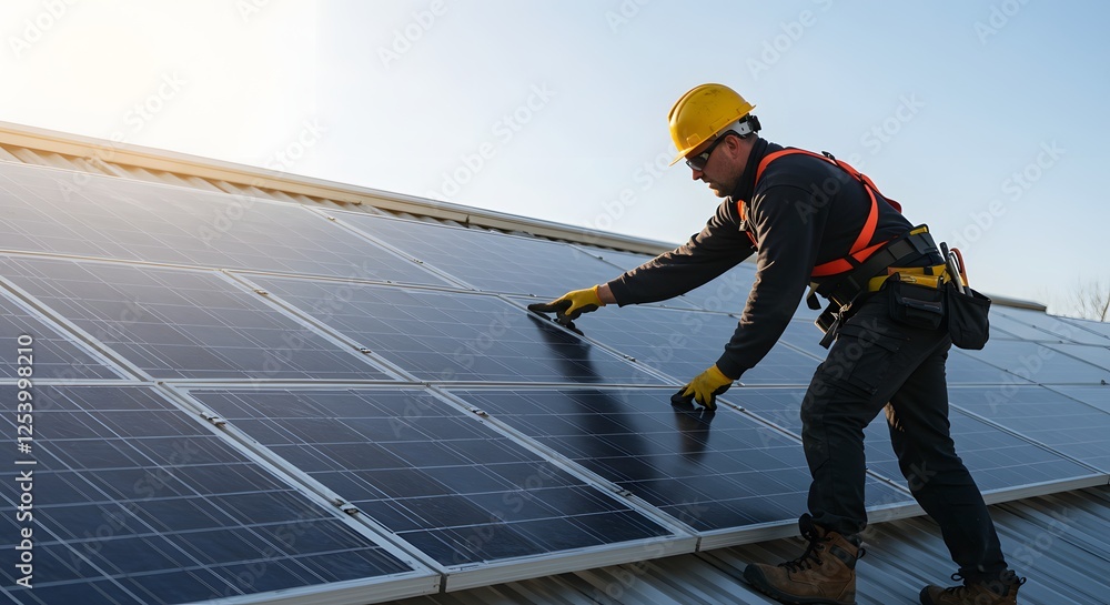 custom made wallpaper toronto digitalAt Sunlight a male worker fixes solar panels on a metal basis, A worker fixes solar panels on the roof, and a male fixes a solar panel in the daytime. also, workers wearing safety gears,close up shot
