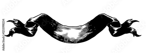 vintage black ribbon banner with curved ends, hand-drawn monochrome vector illustration