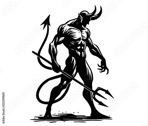 black and white vector of muscular horned devil with tail and trident, strong pose illustration