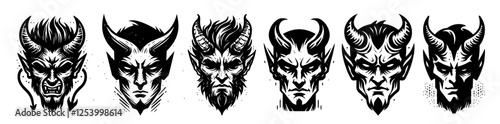 black and white vector collection of demonic faces with horns and intense expressions