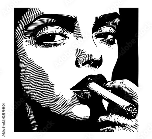 retro vector of confident woman smoking a cigarette, black and white lineart portrait