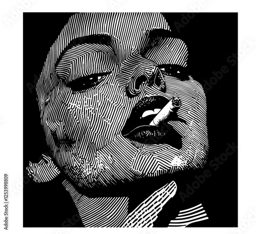 stylized black and white portrait of smoking woman with dramatic shadows and cigarette