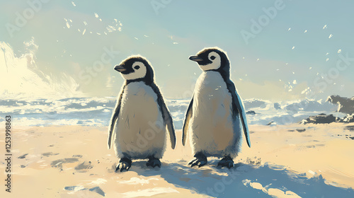 Two adorable penguin chicks waddle side-by-side on a sandy beach. beautiful simple ai generated image. Snowbound Legends. Illustration photo