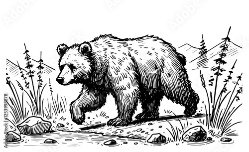 bear walking in forest hand-drawn vector