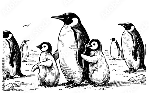 hand-drawn vector illustration of a penguin family with chicks, detailed vintage engraving style