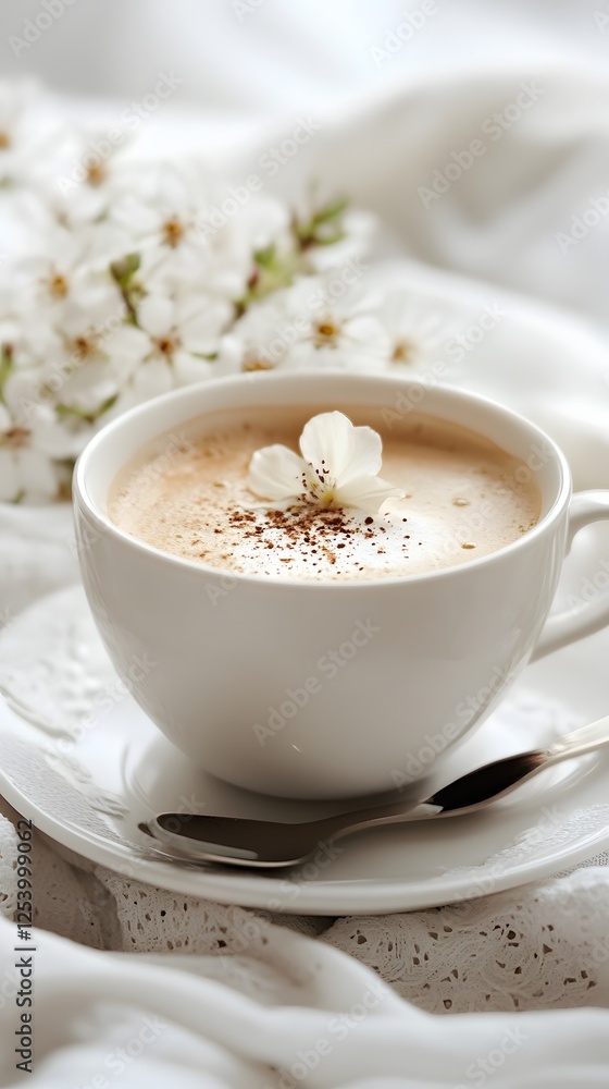 A cup of coffee is adorned with a white flower and a sprinkling of spice, creating an elegant presentation.