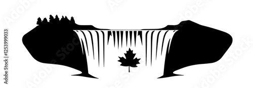 Canadian waterfall vector with iconic maple leaf and forest cliff