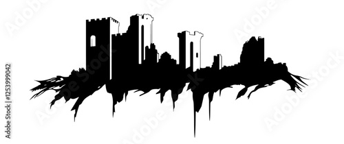 Vector silhouette of medieval castle ruins with jagged base