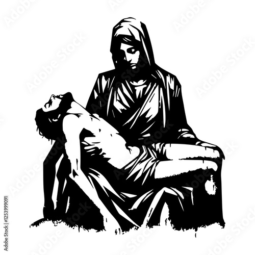black and white vector illustration of the pieta, mary holding the body of jesus after the crucifixion, religious engraving style