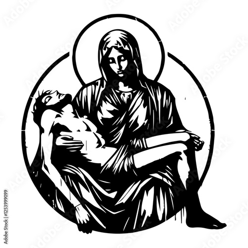 detailed black and white vector illustration of the pieta, depicting mary holding jesus after the crucifixion
