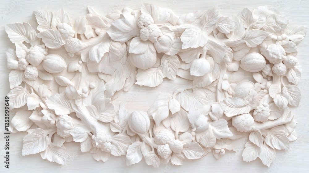 Ornate Fruit Relief Carving on White Panel Ornate Fruit Relief Carving on White Panel