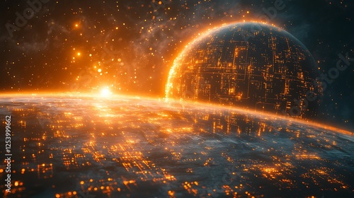 A luminous virtual globe glowing with high-speed data streams circulating its form