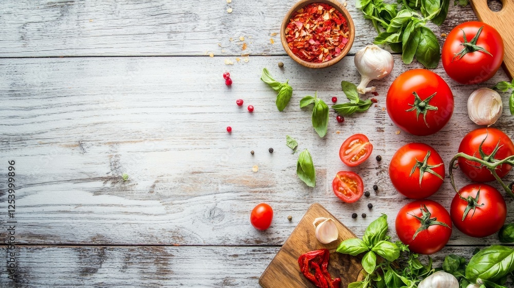 Fresh tomatoes and herbs on a rustic white wooden table Fresh tomatoes and herbs on a rustic white wooden table