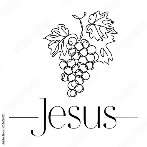 black and white vector illustration of grapes with the text "Jesus", representing the Christian symbolism of the vine and faith