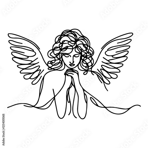 continuous line angel with folded hands and wings, minimalist black and white spiritual vector
