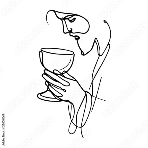 continuous line art of person holding chalice vector