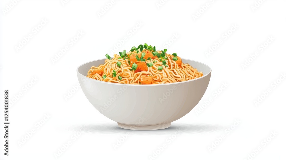 A bowl of colorful noodles topped with green onions, showcasing a delicious and appetizing dish ready to be enjoyed. A bowl of colorful noodles topped with green onions, showcasing a delicious and appetizing dish ready to be enjoyed.