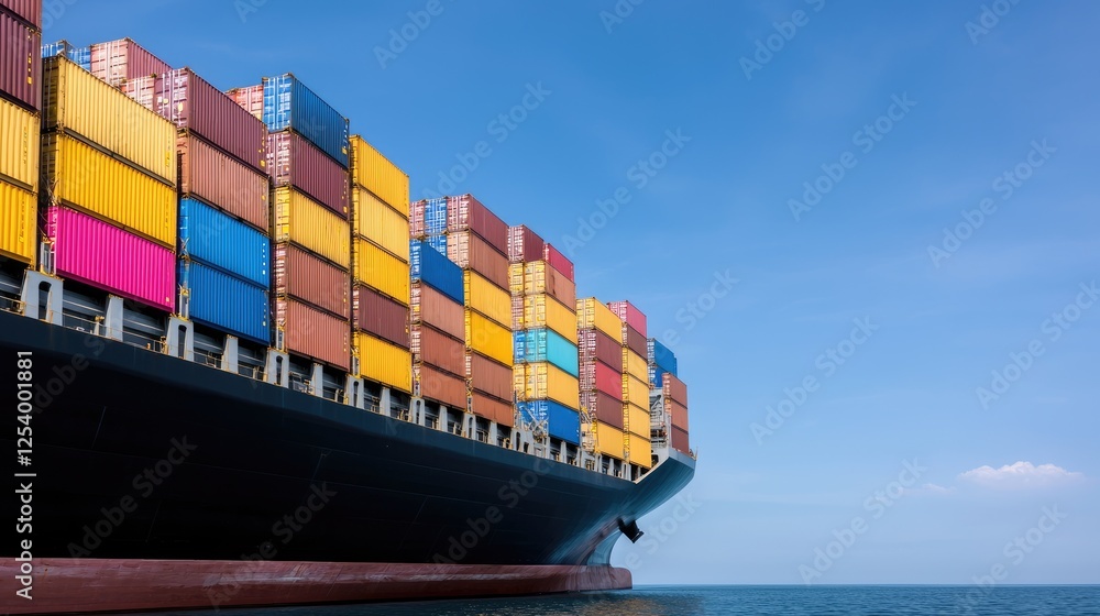 Naklejka premium Large cargo ship with colorful containers, sunny day, clear blue sky