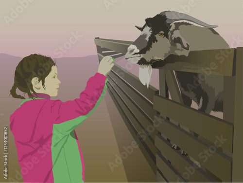 Young girl feeding a goat through a wooden fence at sunrise