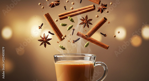 flying aromatic spices with a cup of chai tea or coffee