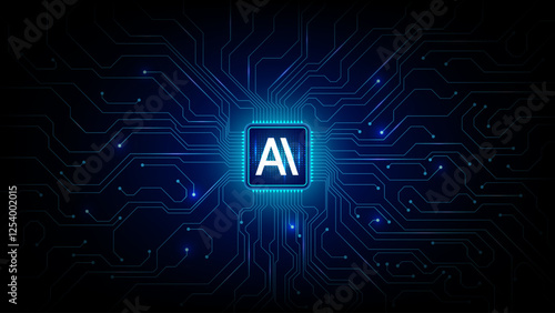 AI Chip with Digital Circuit and Glowing Blue Interface