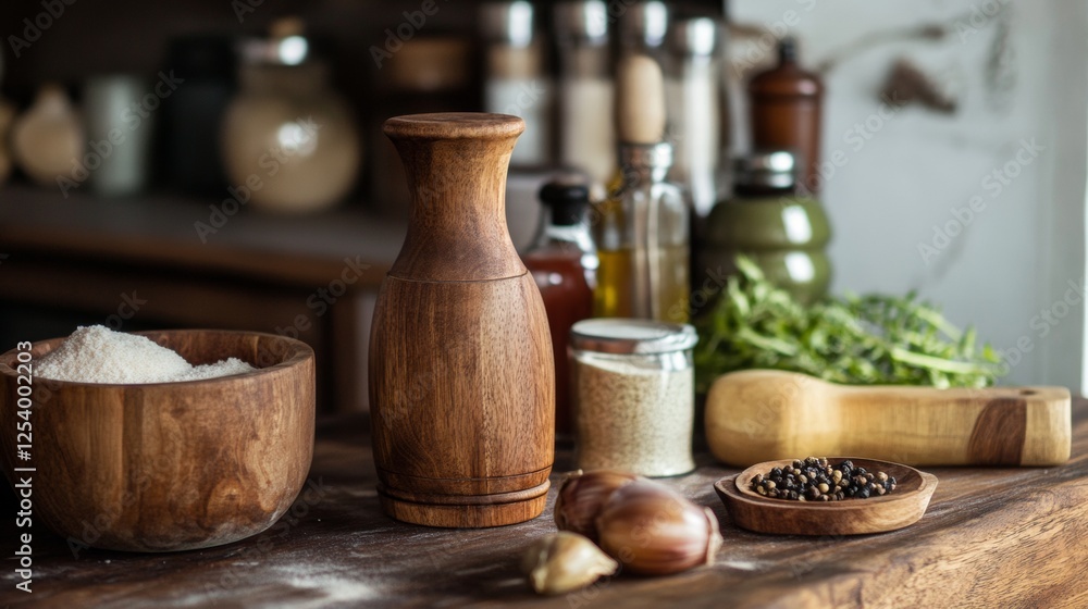 Rustic kitchen counter with fresh vegetables and pottery Rustic kitchen counter with fresh vegetables and pottery