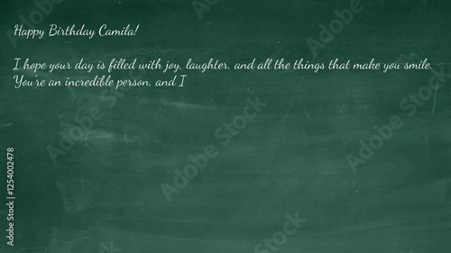 Birthday greetings in English for Camila on a chalkboard with a hand-drawn cake and sincere wishes for joy and happiness