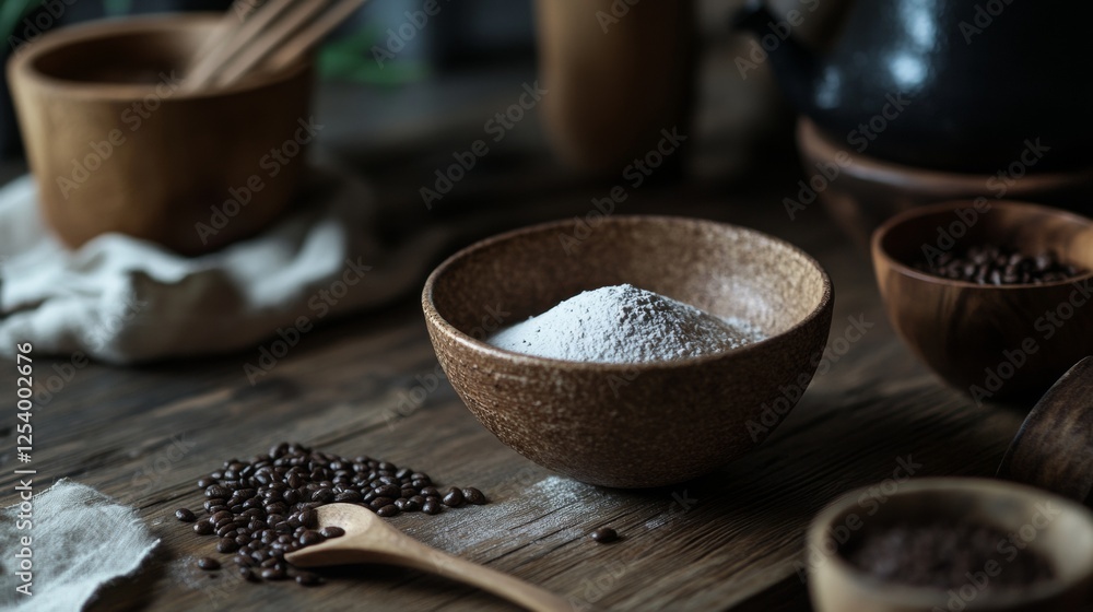 Rustic kitchen setup with bowls of flour and coffee beans Rustic kitchen setup with bowls of flour and coffee beans