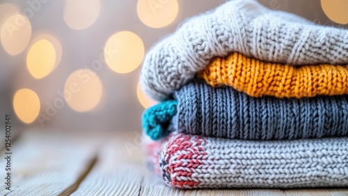 Cozy folded sweaters stacked on rustic wooden table photo