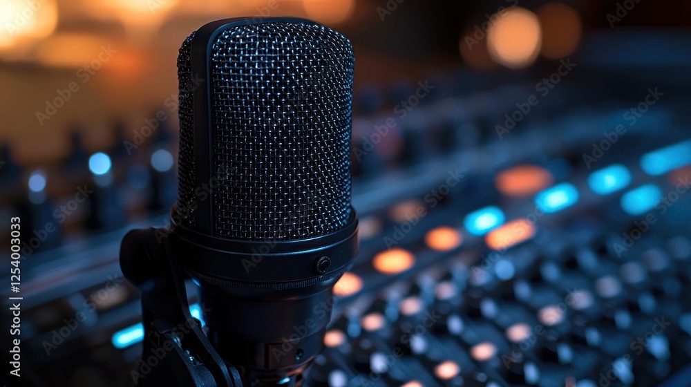 Studio microphone recording; audio mixer background; podcasting Studio microphone recording; audio mixer background; podcasting