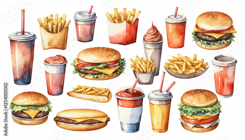 Colorful watercolor painting featuring an assortment of fast food items like juicy burgers, crispy fries, hot dogs, and refreshing drinks, creating a tempting visual feast.