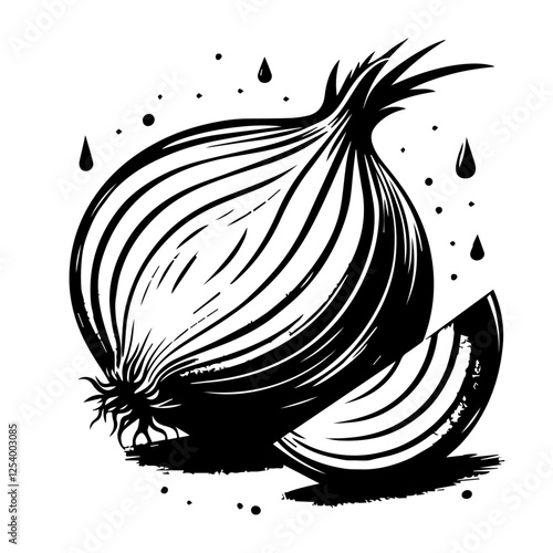 black and white hand-drawn onion vector with detailed texture