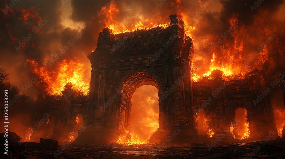Fototapeta premium Huge skeletal archway with flames erupting from cracks in the stone