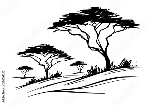 african savanna trees black and white vector illustration