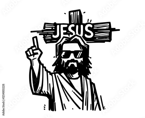 modern jesus character with sunglasses and wooden sign, stylized black and white vector illustration
