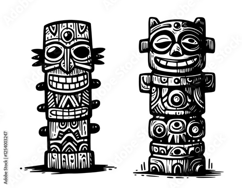native tribal totem poles in black and white vector style, inspired by indigenous wood carvings