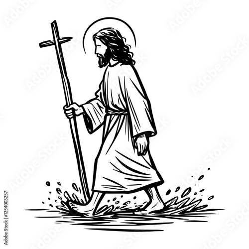 black and white vector illustration of jesus walking with a cross, ideal for religious-themed designs and spiritual artworks