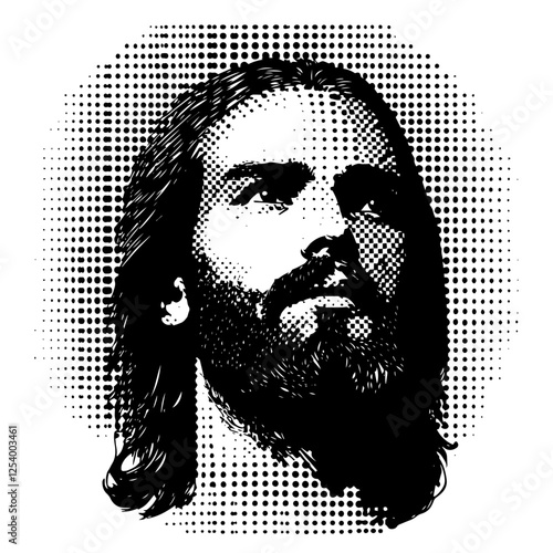 jesus christ portrait, black and white halftone engraving style vector, religious illustration