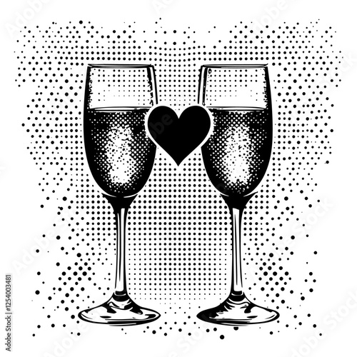 black and white vector of two champagne glasses with heart, halftone celebration design