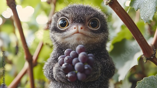 Cute Furry Creature Holding Grapes In A Vineyard