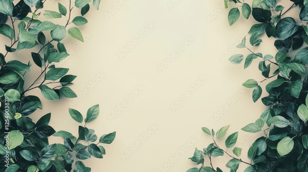 Green leafy vines frame a light beige colored background Green leafy vines frame a light beige colored background