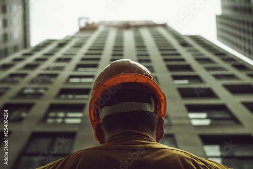 A construction worker, seen from behind, looks up at a towering building, symbolizing human ambition and industrial progress. photo