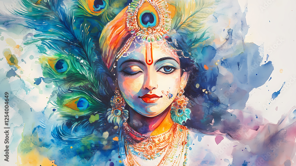 Obraz premium Watercolor radha krishna painting peacock feather love devotion hinduism god religious spirituality art. Abstract Deities. Illustration