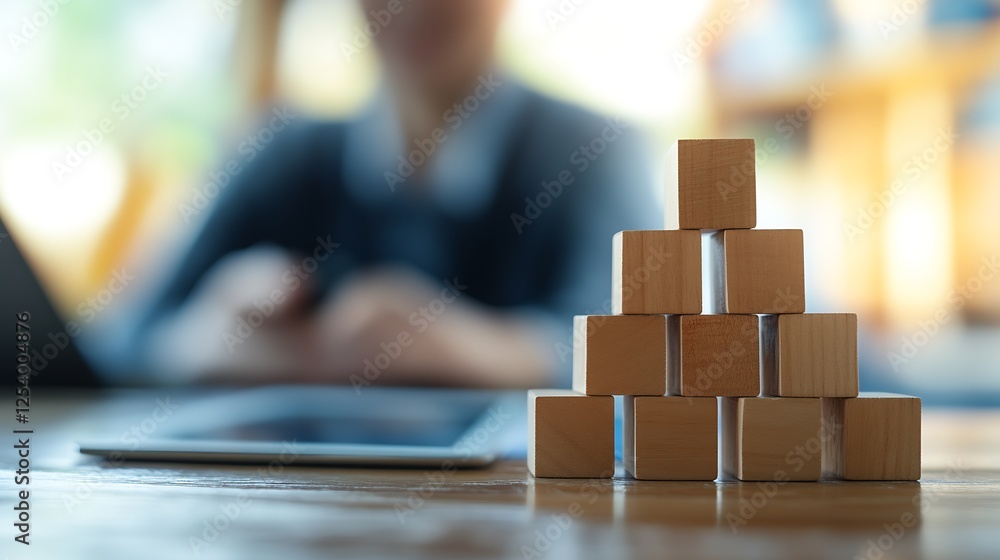 Artistic composition of wooden building blocks arranged in a neat pyramid on a table : Generative AI