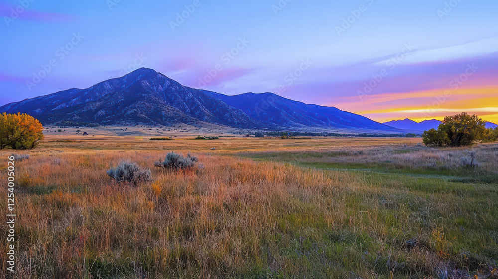 Breathtaking sunset over majestic mountains and vibrant grassland, showcasing nature beauty and tranquility Breathtaking sunset over majestic mountains and vibrant grassland, showcasing nature beauty and tranquility