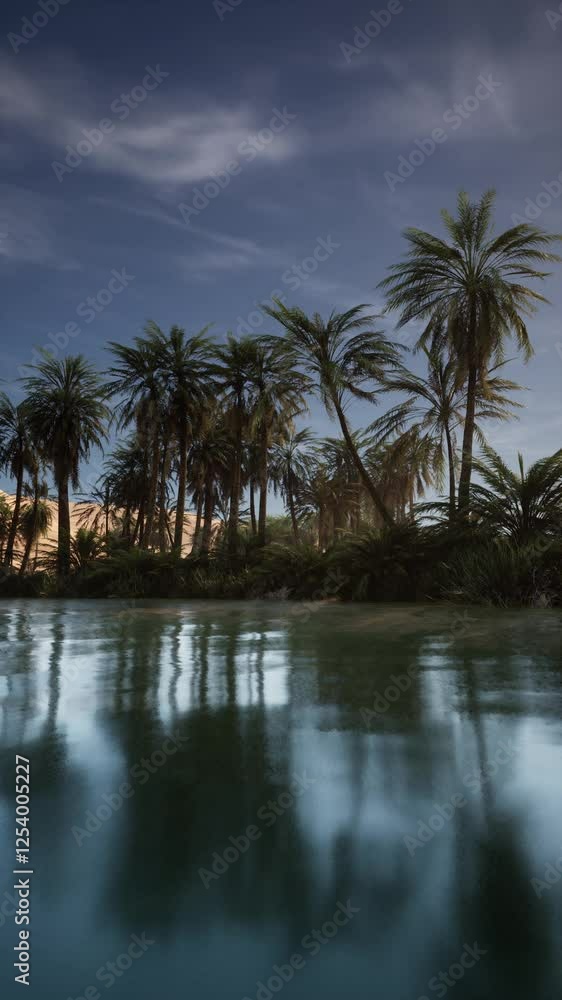 Tranquil body of water surrounded by lush palm trees under clear blue sky. Tranquil body of water surrounded by lush palm trees under clear blue sky.
